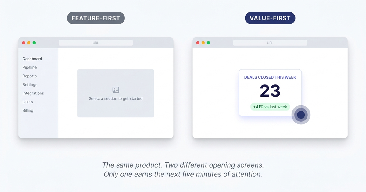 Feature-first vs value-first demo structure diagram illustrating how starting a product demo with navigation and interface elements can overwhelm buyers, while leading with the moment of value creates immediate engagement and understanding