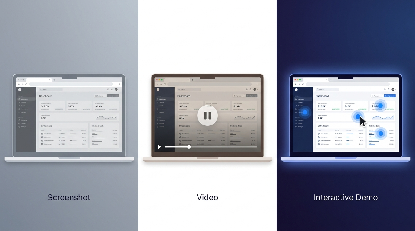Three browser frames side by side comparing a static screenshot, a video walkthrough, and a live interactive product demo — illustrating how interactivity transforms passive viewing into active product evaluation
